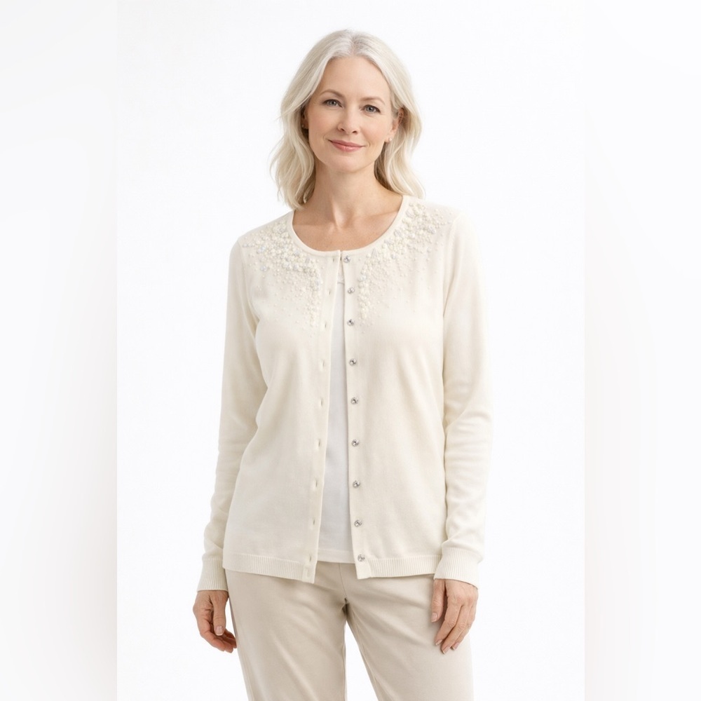 Worthington Cream Cardigan Sweater With Bead & Sequin Embroidered Design Size 1X